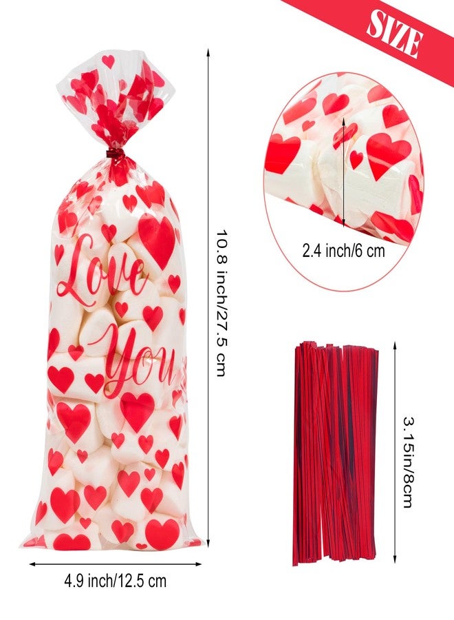 Litmitfu 100 Pcs Valentine Treat Bags - Red Heart Cellophane Goodie Bags, Clear Plastic Happy Valentine's Day Cello Candy Gift Bag With Twist Ties for Wedding Anniversary Party Favors Supplies - Image 3